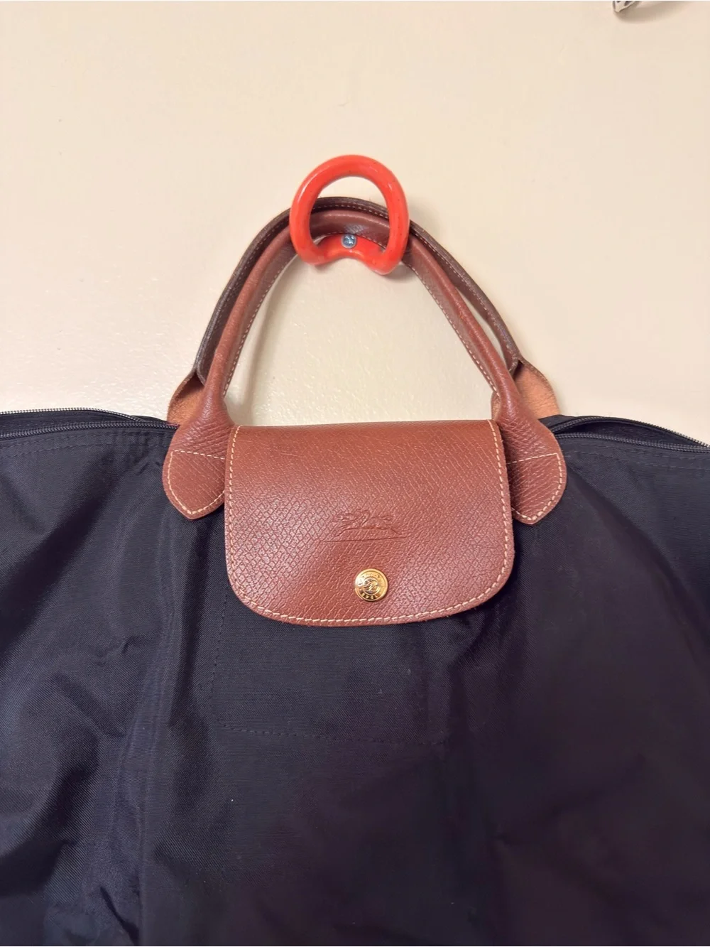 Longchamp Black Nylon Tote with Brown Leather Trim